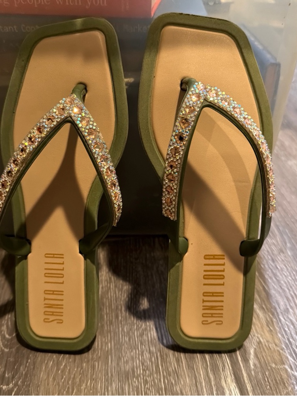 Santa Lola Olive Gree Embellished Thong Sandals